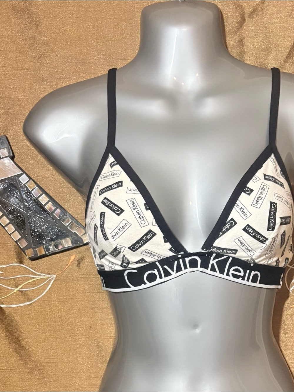 Calvin Klein Black & White Unlined All-Over Logo Print Bralette
